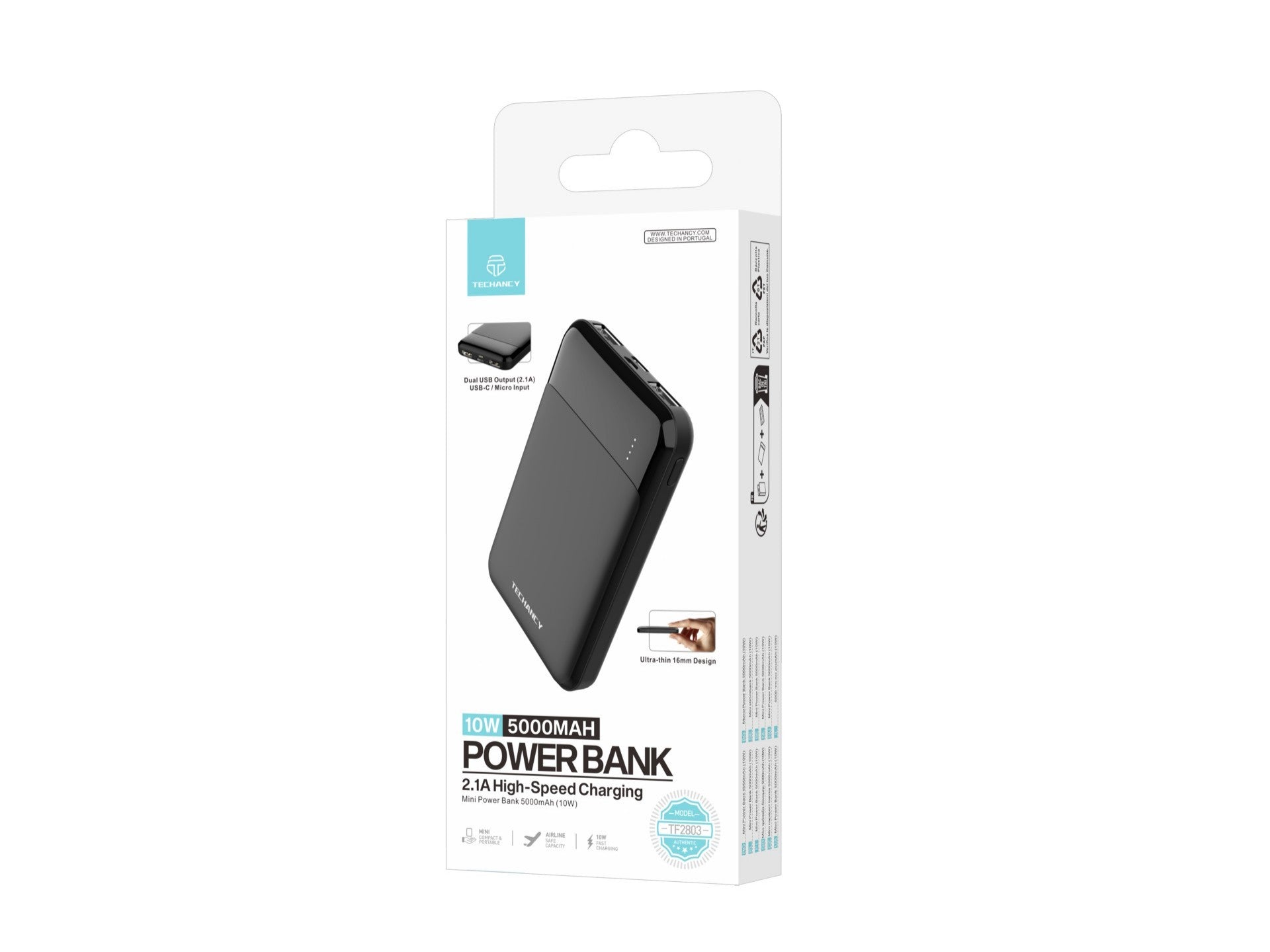 Black ultra-slim 5000mAh portable power bank with dual USB ports and battery indicator lights — view 4