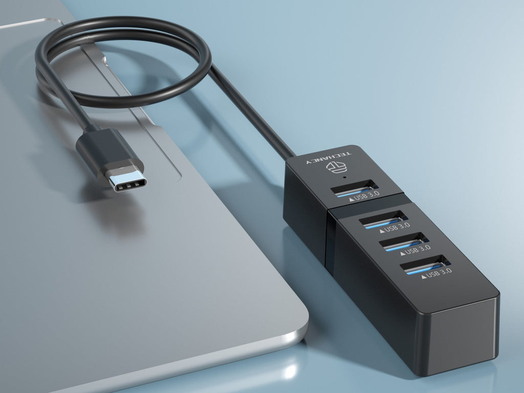 Sleek black aluminum USB-C hub adapter with four USB-A ports for laptop desktop computer expansion — view 4