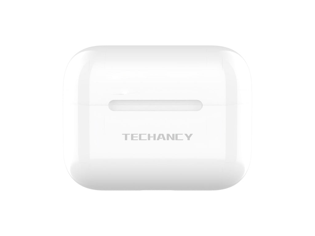 White true wireless Bluetooth earbuds and compact USB-C charging case for everyday listening.