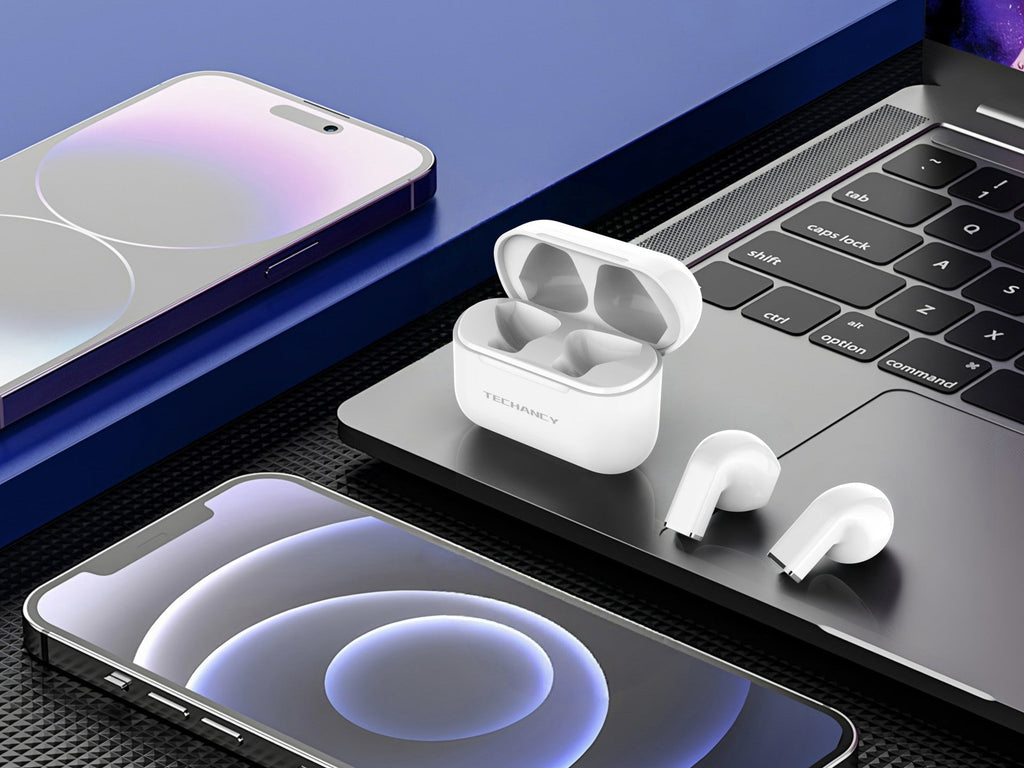 White true wireless Bluetooth earbuds and compact USB-C charging case for everyday listening. — view 3