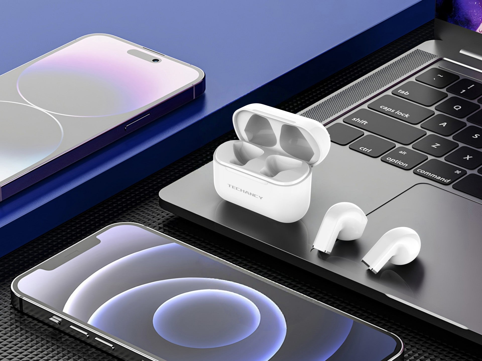 White true wireless Bluetooth earbuds and compact USB-C charging case for everyday listening. — view 3