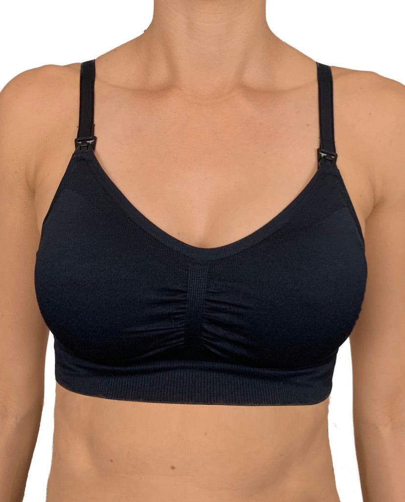 Black seamfree maternity and nursing bra with ribbed underband and drop-down nursing clips — view 4