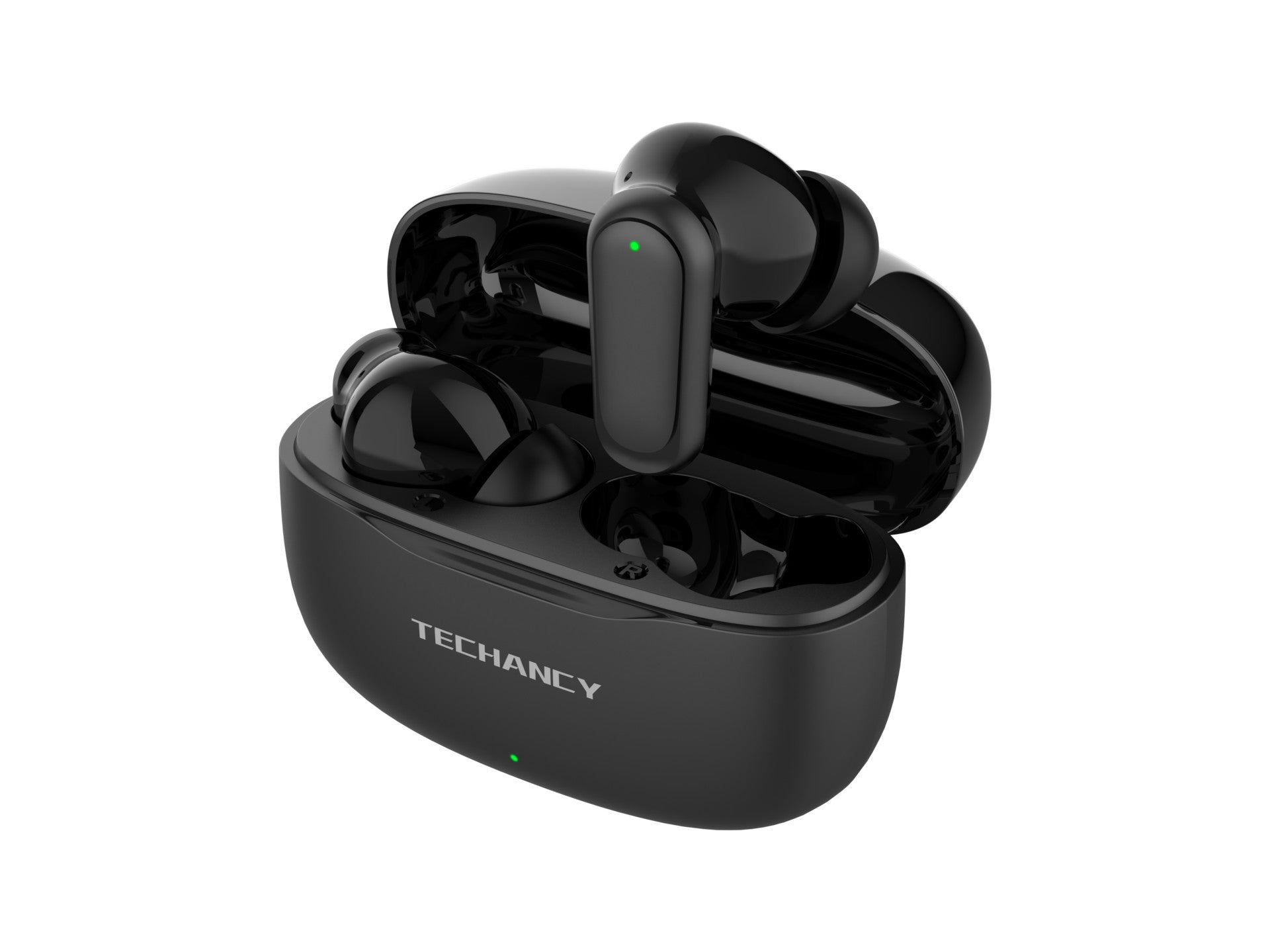 Black true wireless Bluetooth earbuds with sleek portable USB C charging case and smooth finish — view 2