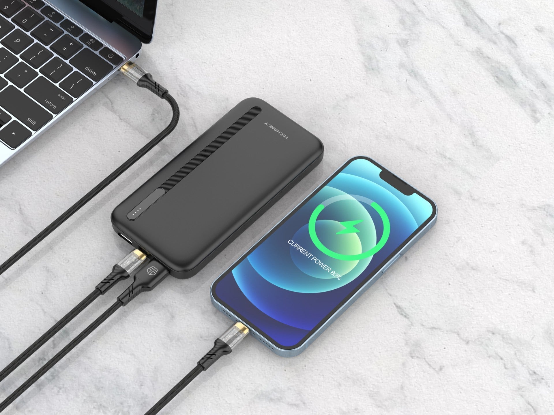 Black 10000mAh portable power bank with dual USB ports and LED battery indicator lights — view 4