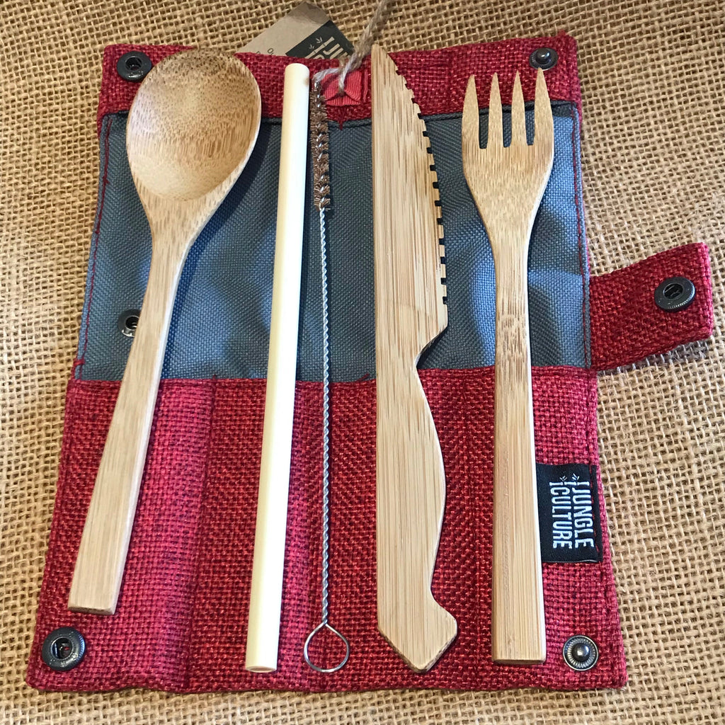 Organic bamboo travel cutlery set with fabric pouch including knife fork spoon and reusable straw — view 3