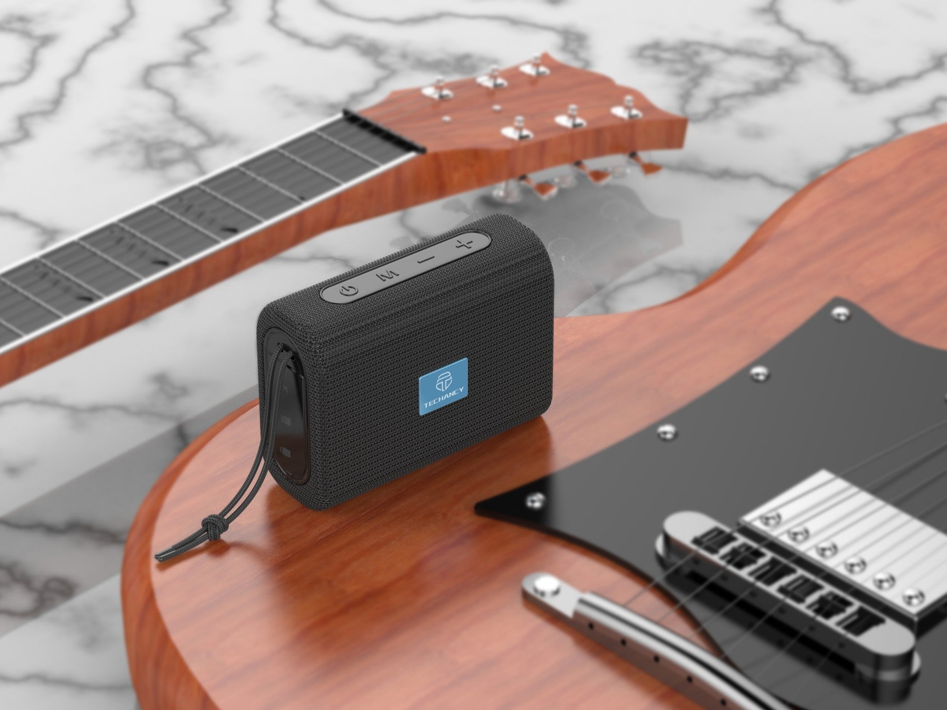 Mini wireless portable speaker in black, featuring tactile control buttons and compact travel-friendly design — view 2
