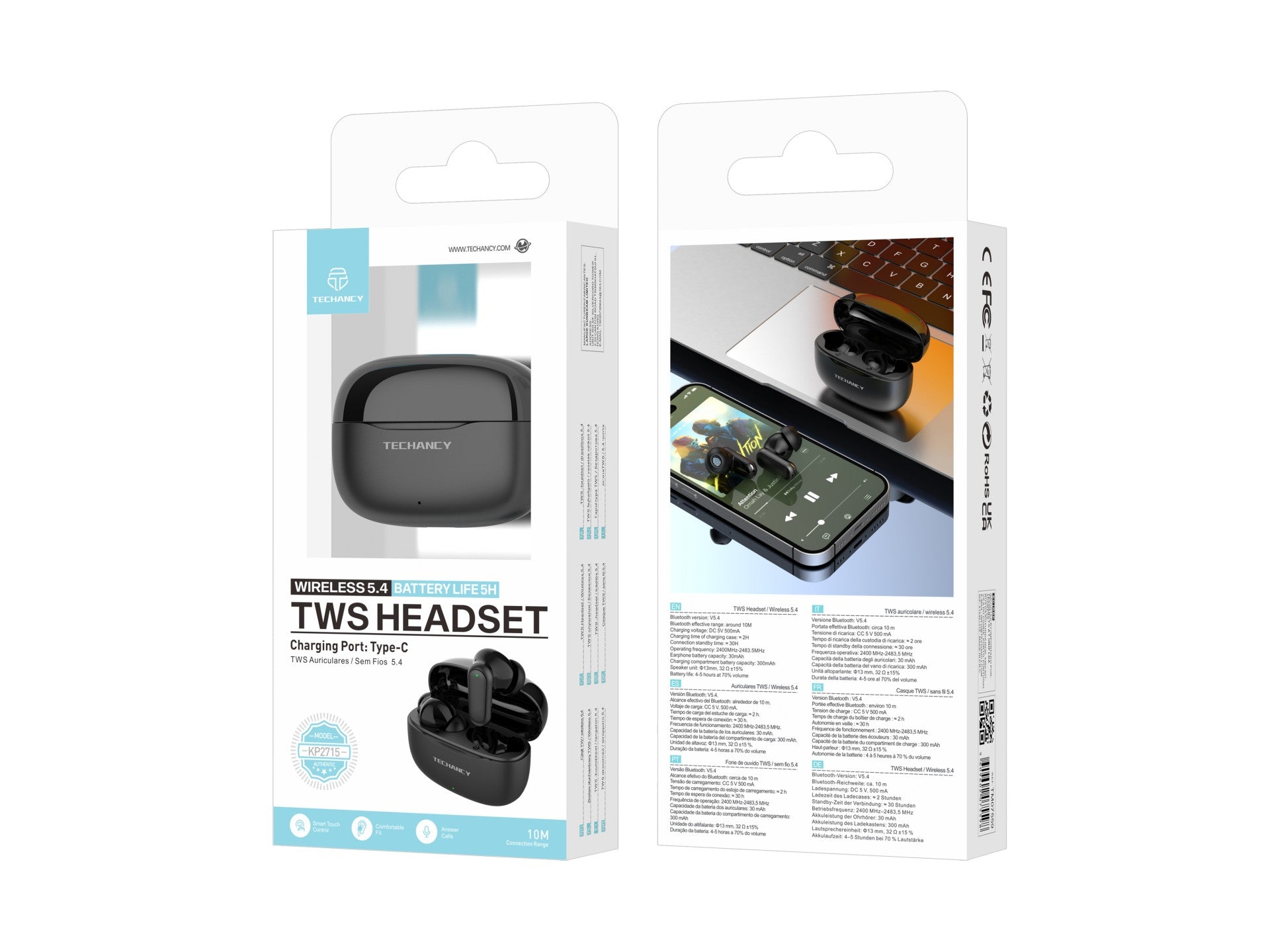 Black true wireless Bluetooth earbuds with sleek portable USB C charging case and smooth finish — view 5