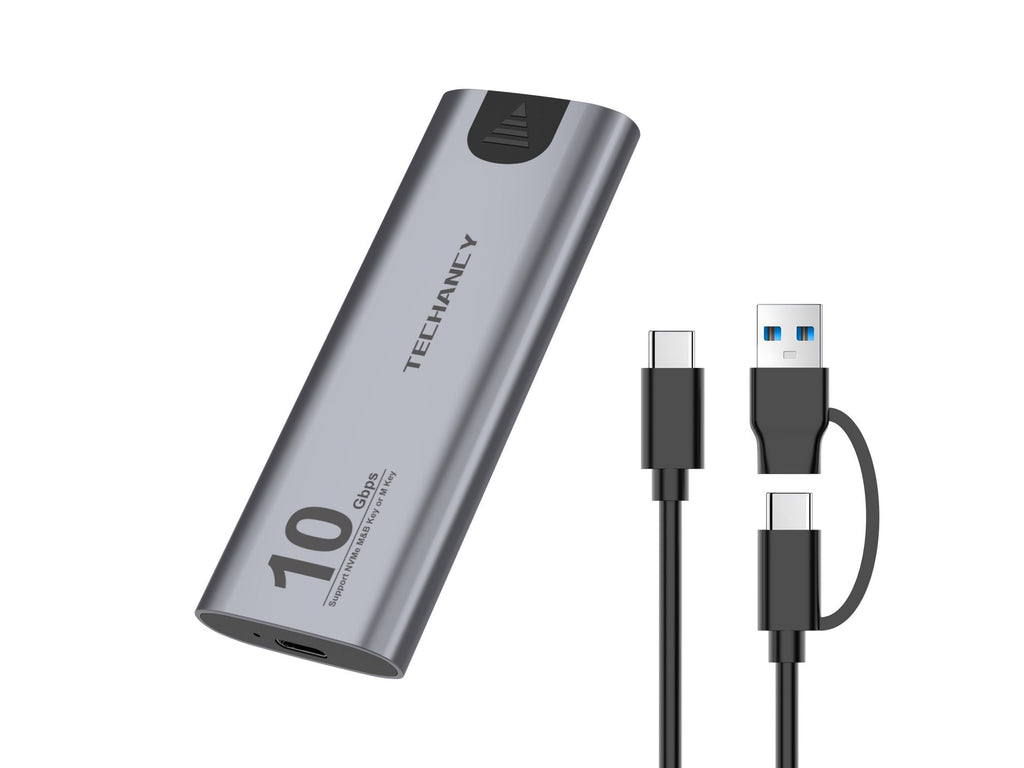 Grey portable aluminum M.2 NVMe SSD enclosure with USB-C data transfer cable