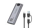 Grey portable aluminum M.2 NVMe SSD enclosure with USB-C data transfer cable