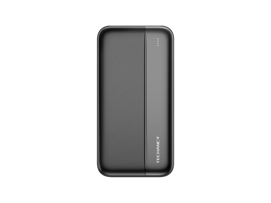 Black Techancy 10000mAh fast charging portable power bank with dual USB ports and LED power indicators