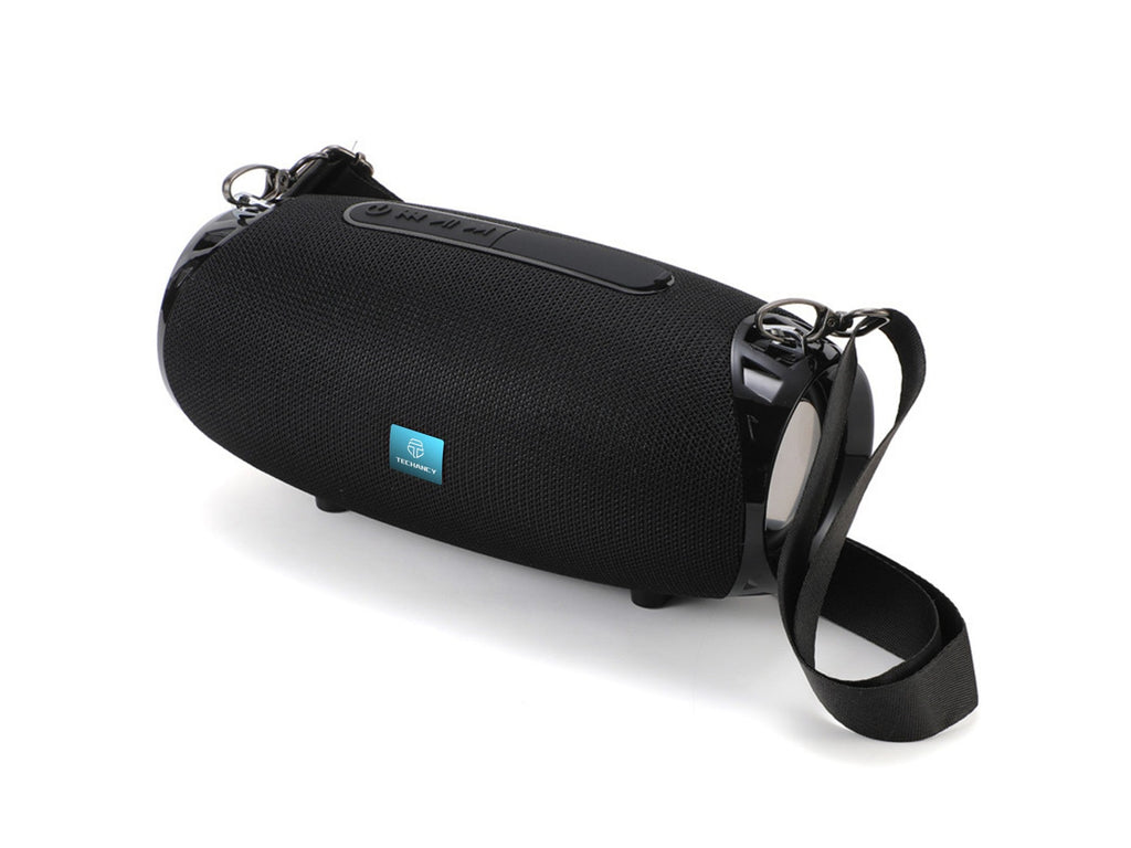 Black Techancy wireless Bluetooth speaker with sleek design and built in multi function control buttons — view 3
