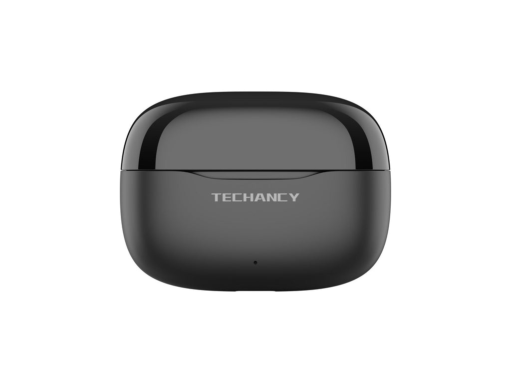 Black true wireless Bluetooth earbuds with sleek portable USB C charging case and smooth finish