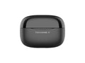 Black true wireless Bluetooth earbuds with sleek portable USB C charging case and smooth finish