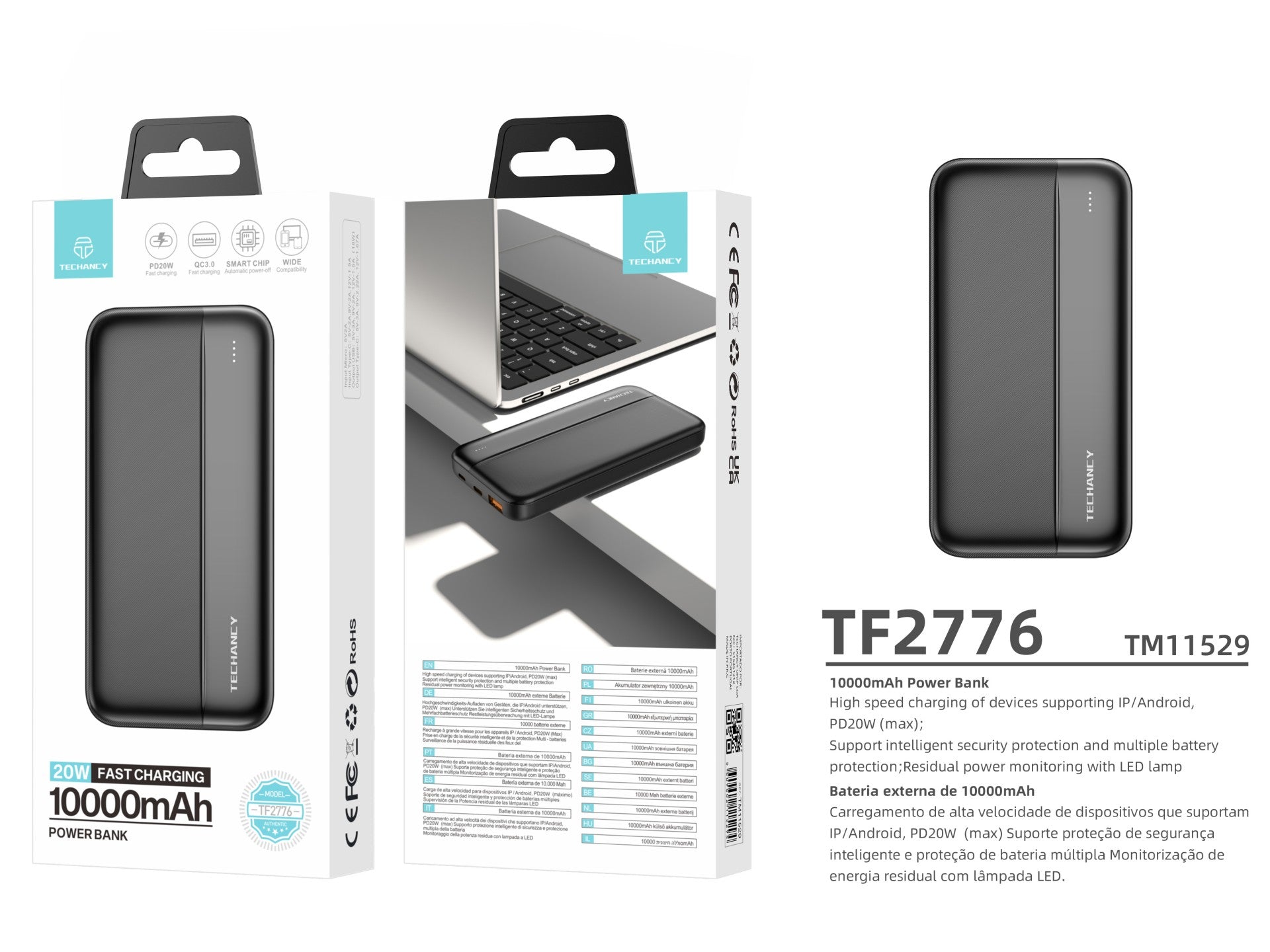 Black Techancy 10000mAh fast charging portable power bank with dual USB ports and LED power indicators — view 3