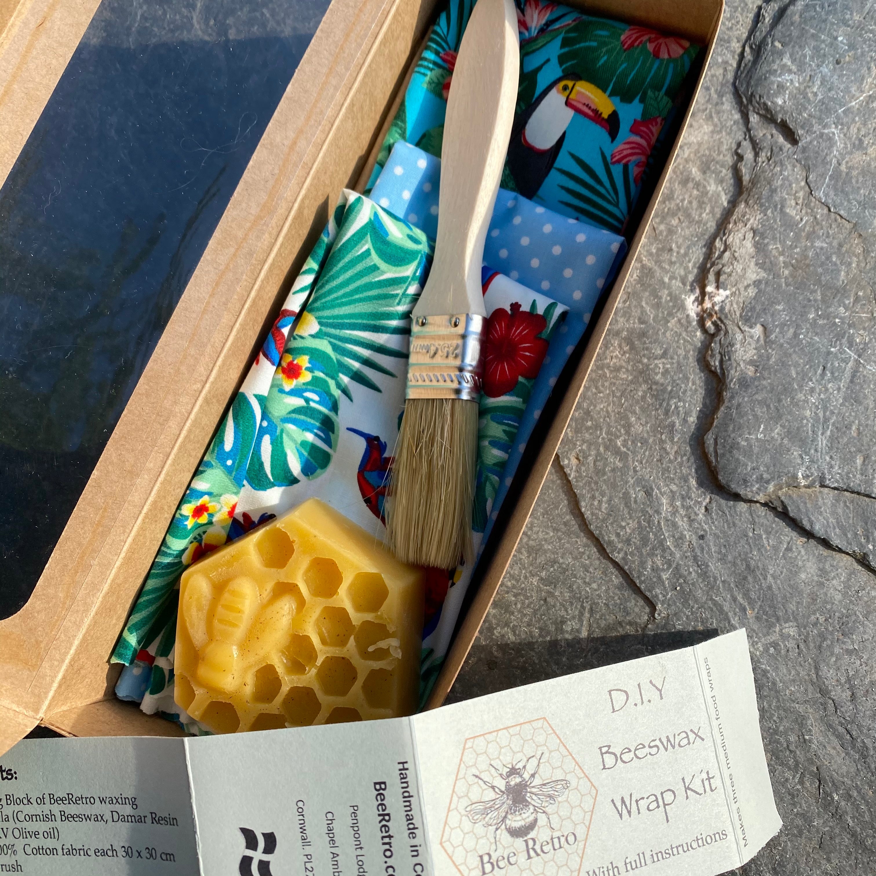 Complete DIY beeswax food wrap kit with cotton fabric, wax block, brush, and instruction manual — view 3