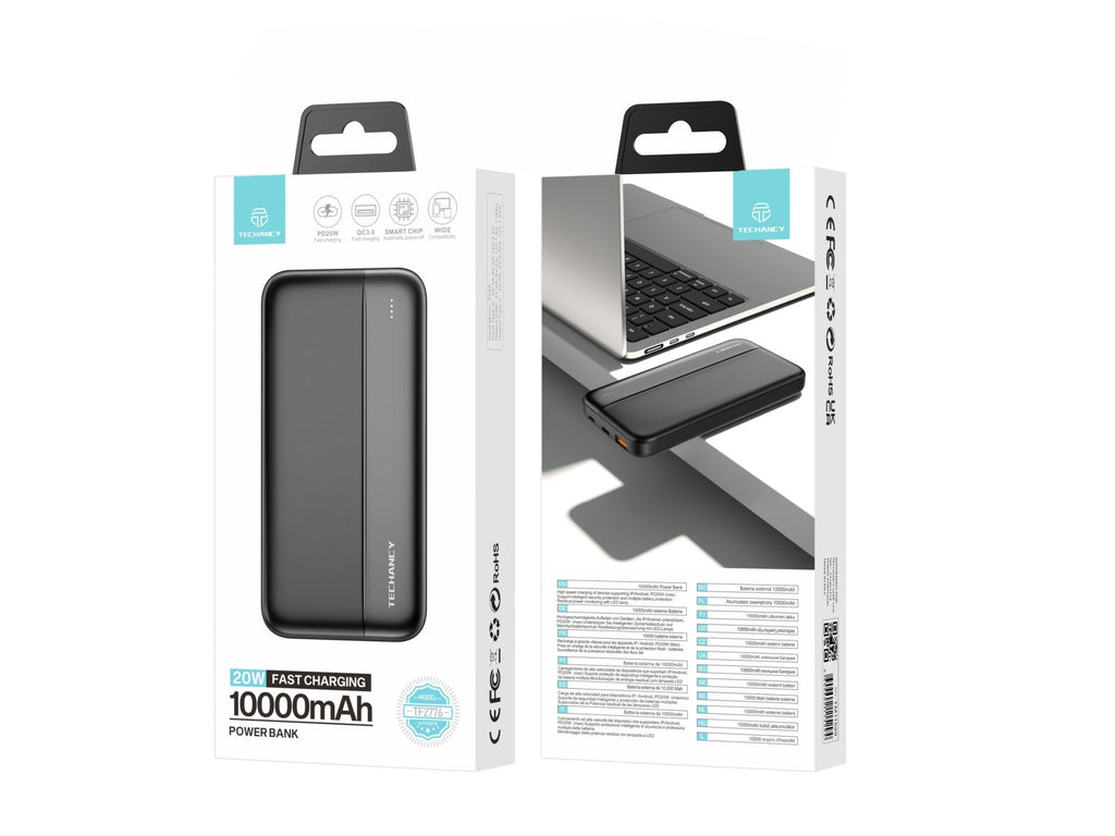 Black Techancy 10000mAh fast charging portable power bank with dual USB ports and LED power indicators — view 2