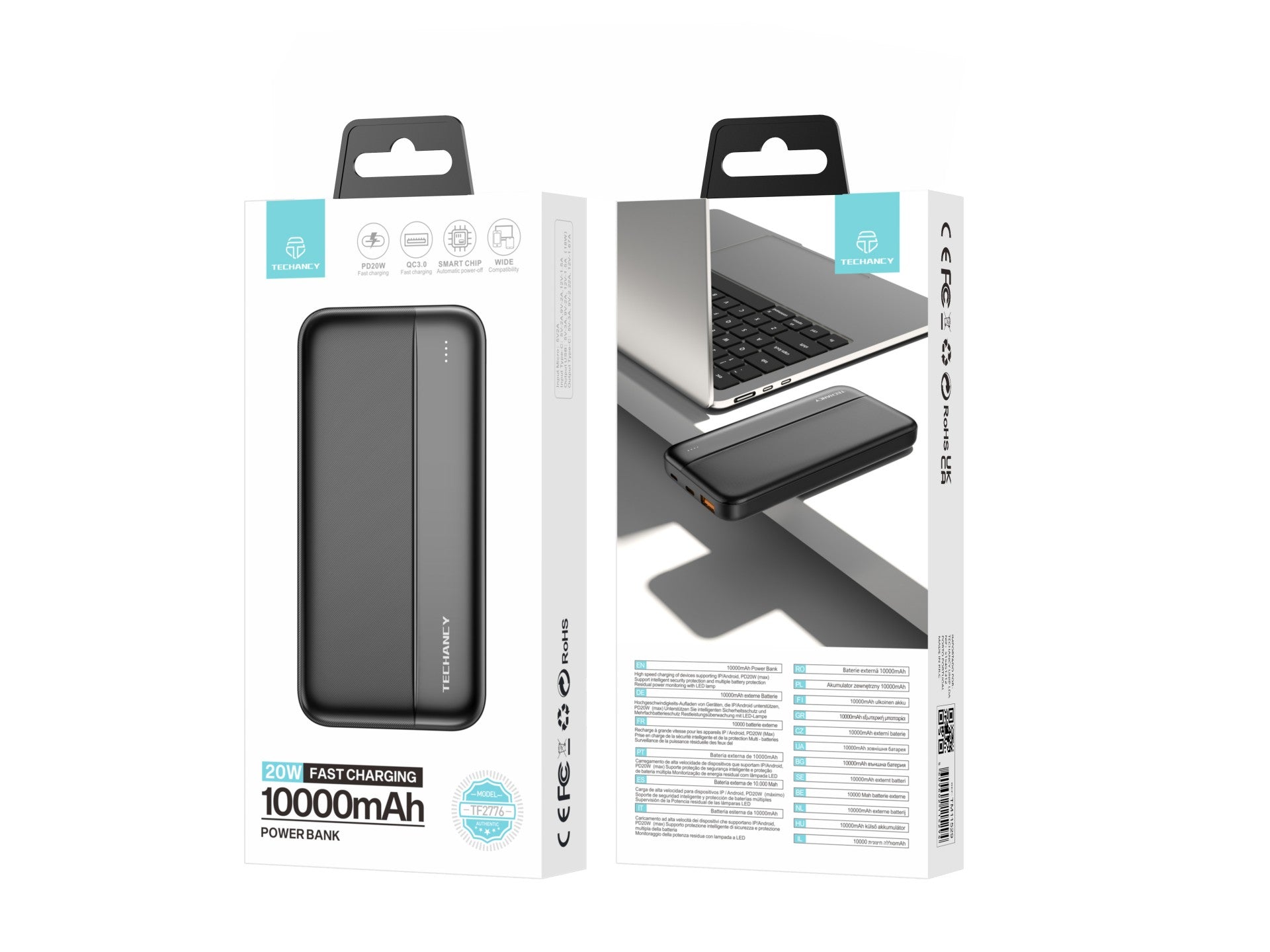 Black Techancy 10000mAh fast charging portable power bank with dual USB ports and LED power indicators — view 2