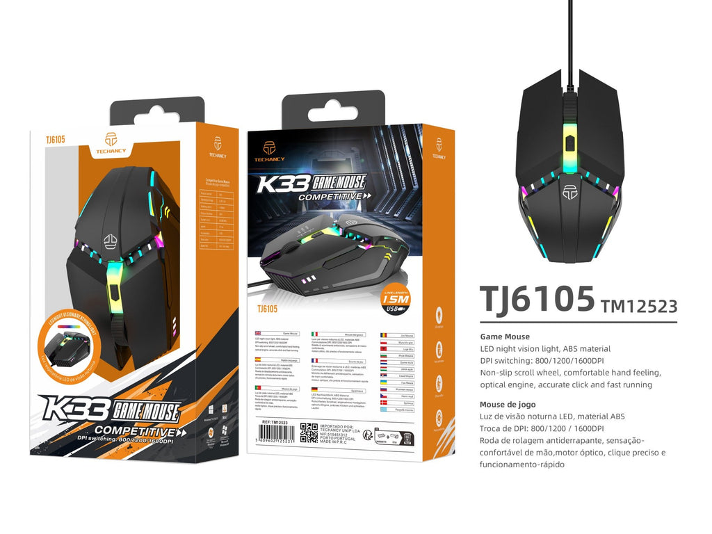 Wired Techancy gaming mouse in black with glowing LED lights and ergonomic anti-slip scroll wheel — view 3