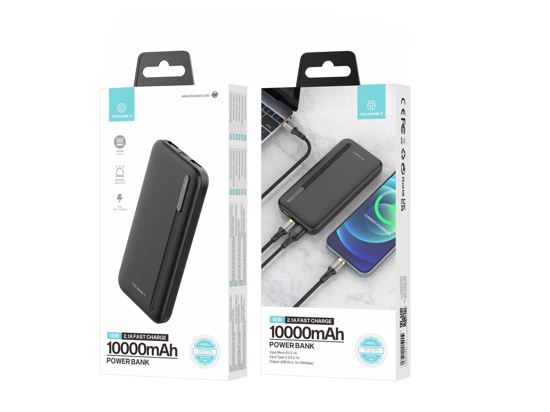 Black 10000mAh portable power bank with dual USB ports and LED battery indicator lights — view 2