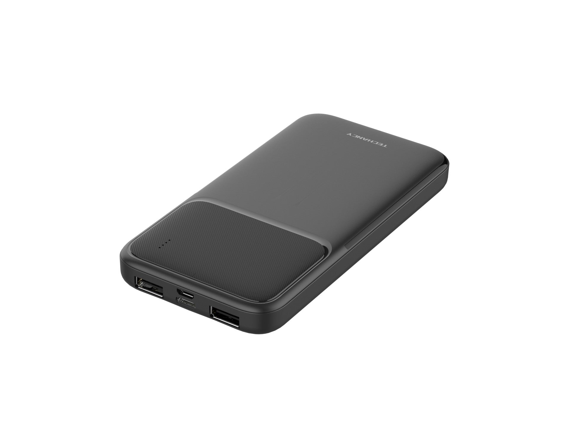Black 10000mAh portable power bank charger with dual USB ports and crisp LED battery power indicator — view 3