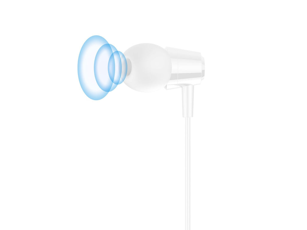 White wired in-ear earbuds with soft silicone tips, flexible cable, and in-line control microphone — view 2