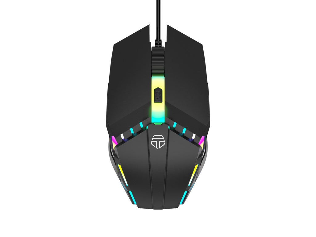 Wired Techancy gaming mouse in black with glowing LED lights and ergonomic anti-slip scroll wheel