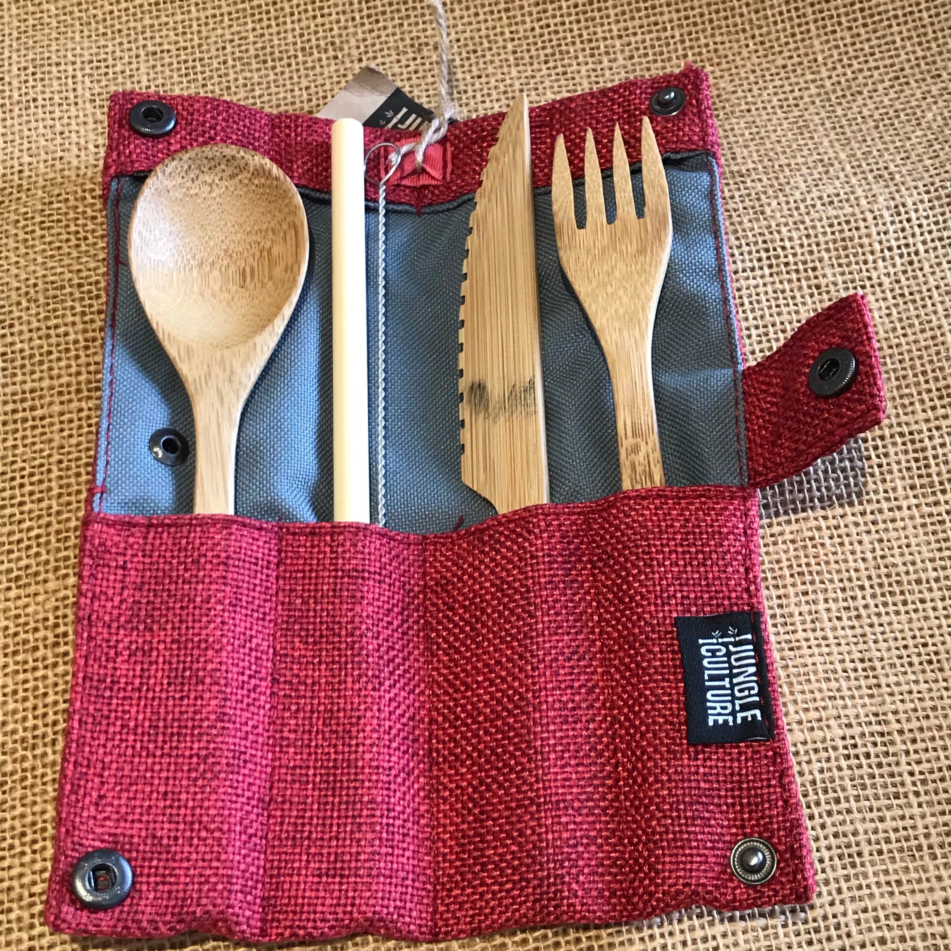 Organic bamboo travel cutlery set with fabric pouch including knife fork spoon and reusable straw — view 2