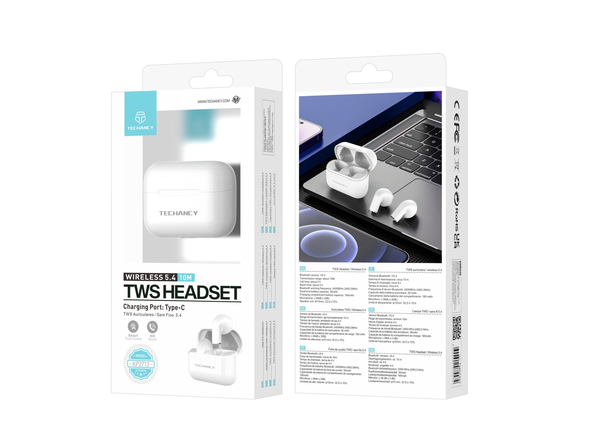 White true wireless Bluetooth earbuds and compact USB-C charging case for everyday listening. — view 5