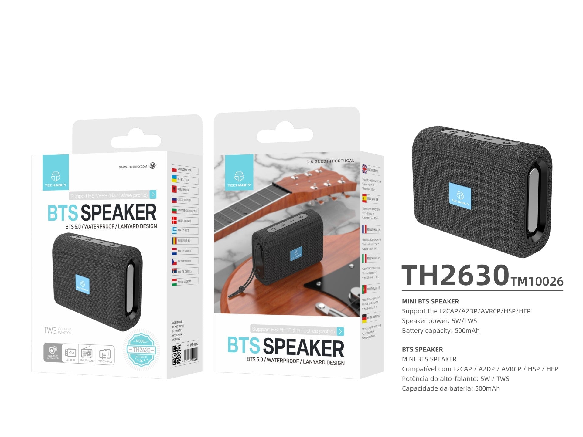 Mini wireless portable speaker in black, featuring tactile control buttons and compact travel-friendly design — view 5