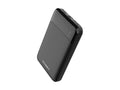 Black ultra-slim 5000mAh portable power bank with dual USB ports and battery indicator lights