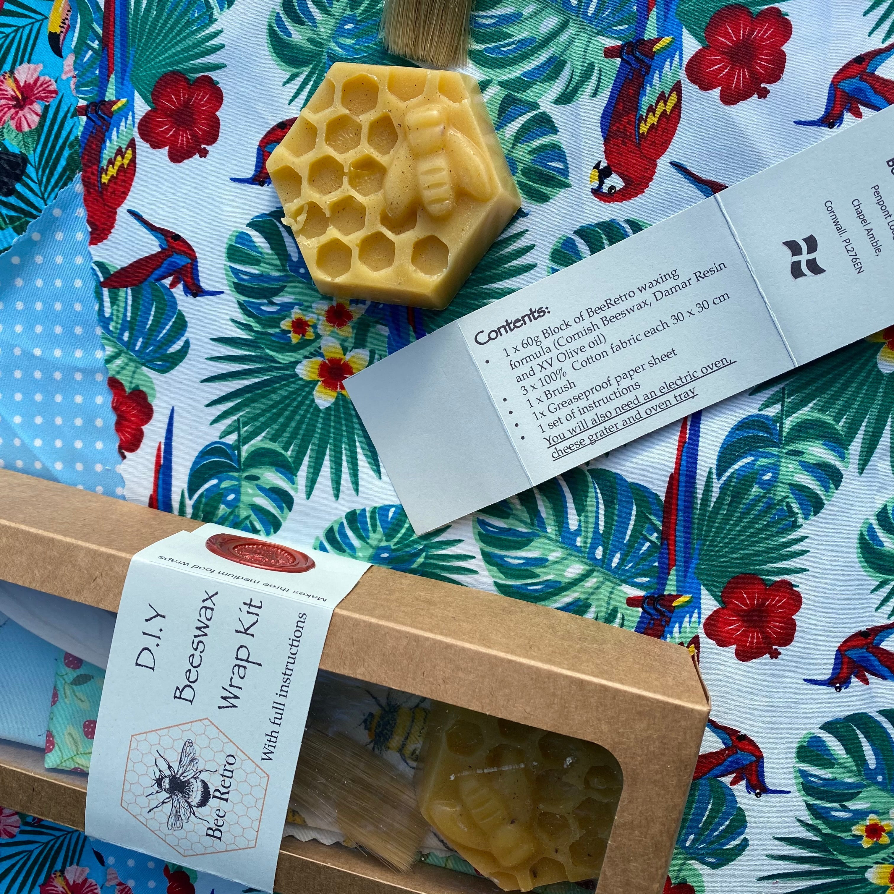 Complete DIY beeswax food wrap kit with cotton fabric, wax block, brush, and instruction manual — view 5