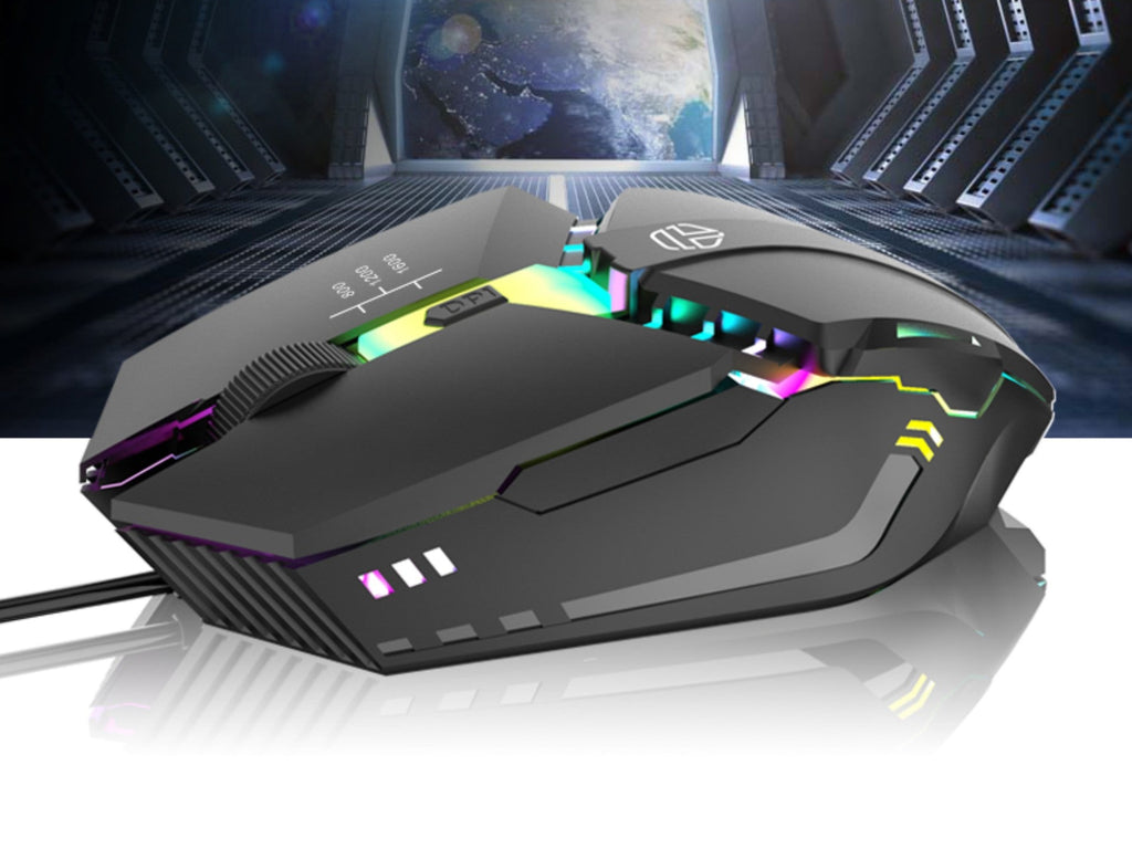 Wired Techancy gaming mouse in black with glowing LED lights and ergonomic anti-slip scroll wheel — view 4