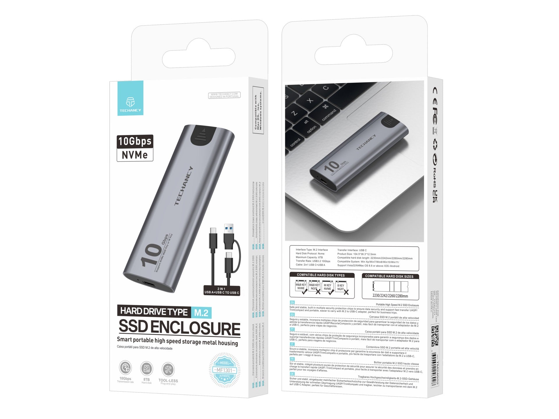 Grey portable aluminum M.2 NVMe SSD enclosure with USB-C data transfer cable — view 5