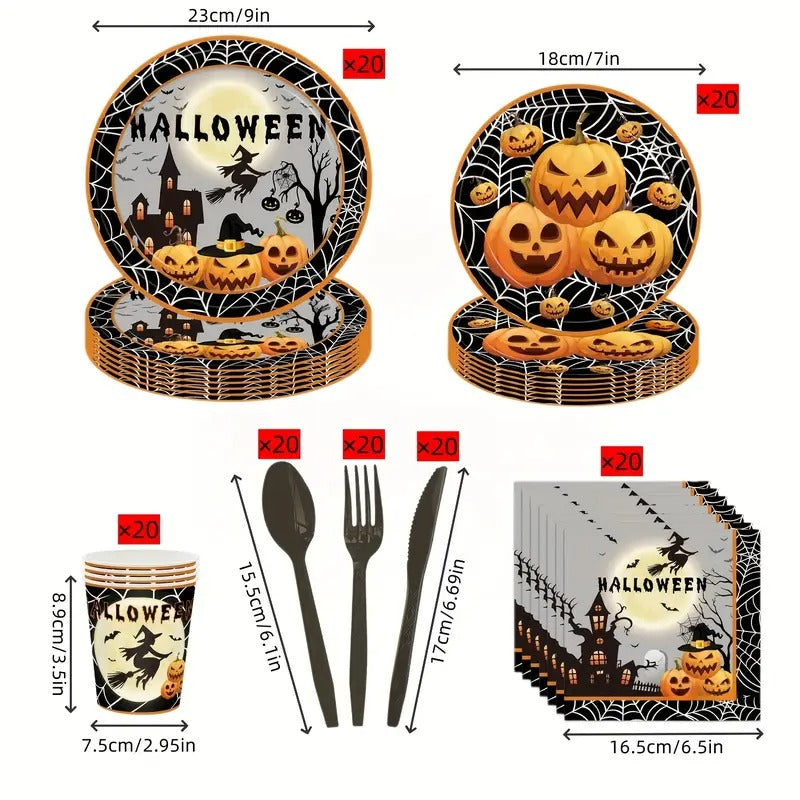 140-piece Halloween party dinnerware set with matching disposable paper plates, cups, napkins, and plastic cutlery. — view 5