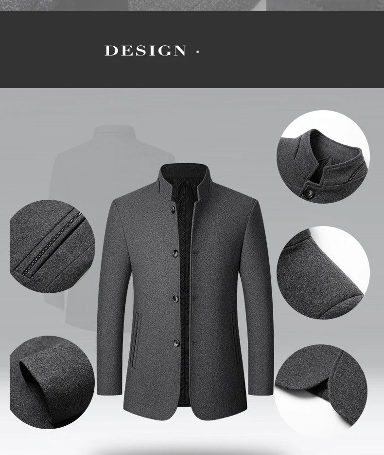 Men's gray winter wool blend business overcoat featuring a sleek single-breasted mandarin collar — view 4
