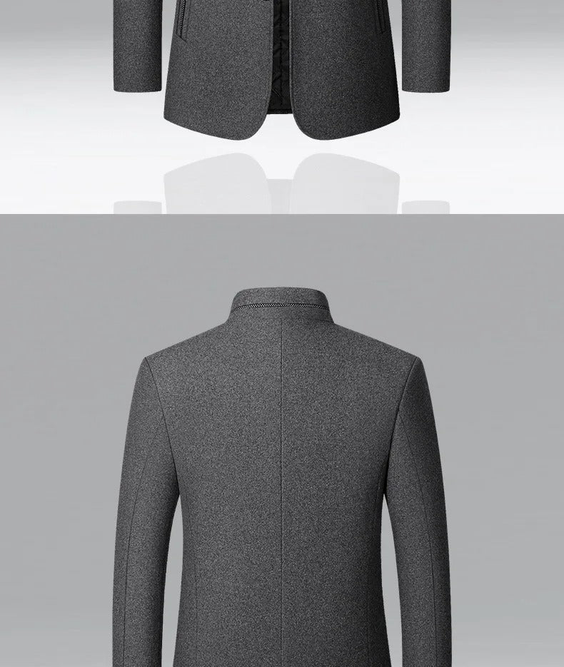 Men's gray winter wool blend business overcoat featuring a sleek single-breasted mandarin collar — view 5