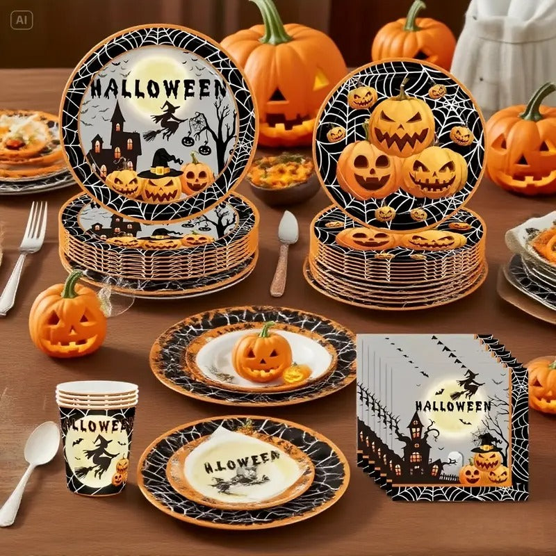140-piece Halloween party dinnerware set with matching disposable paper plates, cups, napkins, and plastic cutlery. — view 3