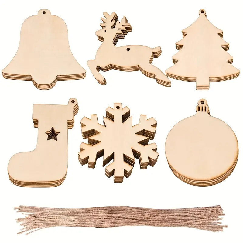 60 piece unpainted natural wooden Christmas tree ornaments craft set in assorted festive shapes
