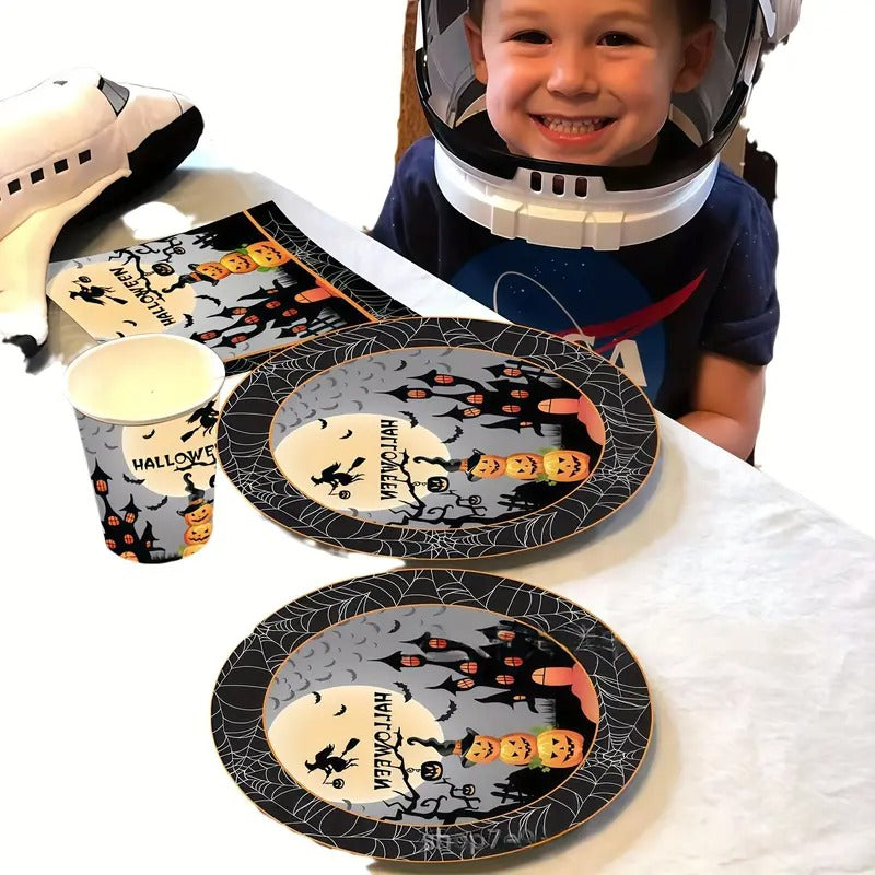 140-piece Halloween party dinnerware set with matching disposable paper plates, cups, napkins, and plastic cutlery. — view 4