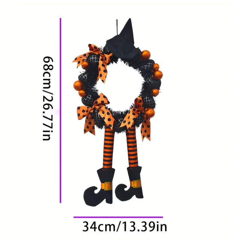 Halloween wreath door hanging pumpkin skull garland in vibrant orange polyester for festive entryway decoration — view 5