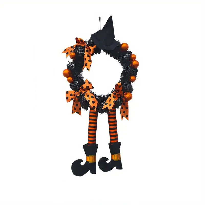 Halloween wreath door hanging pumpkin skull garland in vibrant orange polyester for festive entryway decoration