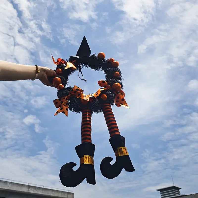 Halloween wreath door hanging pumpkin skull garland in vibrant orange polyester for festive entryway decoration — view 2