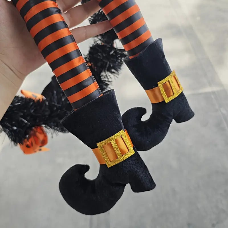 Halloween wreath door hanging pumpkin skull garland in vibrant orange polyester for festive entryway decoration — view 3