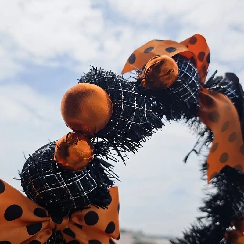 Halloween wreath door hanging pumpkin skull garland in vibrant orange polyester for festive entryway decoration — view 4