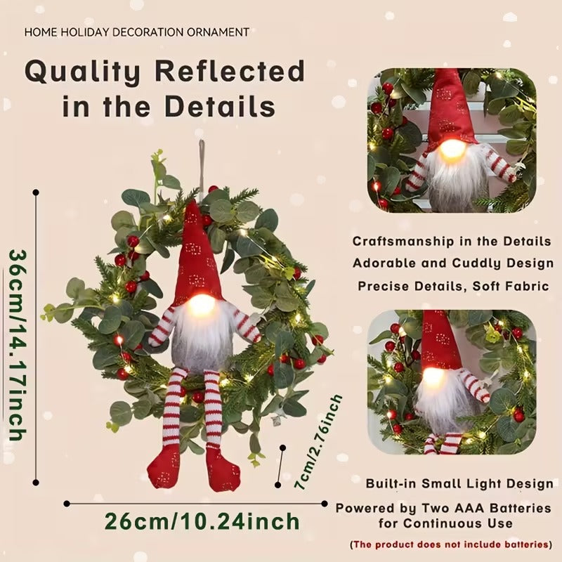 Illuminated Christmas gnome wreath with LED lights and Santa Claus design for indoor holiday decor — view 3