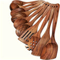 10 piece teak wood cookware set featuring ergonomic spoons and spatulas for safe non stick cooking