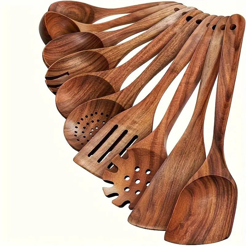 10 piece teak wood cookware set featuring ergonomic spoons and spatulas for safe non stick cooking