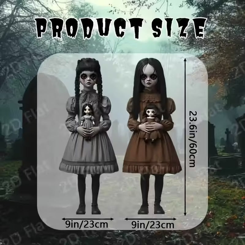 Gothic horror girl yard decor set featuring two spooky 2D flat silhouette dolls on poles — view 5