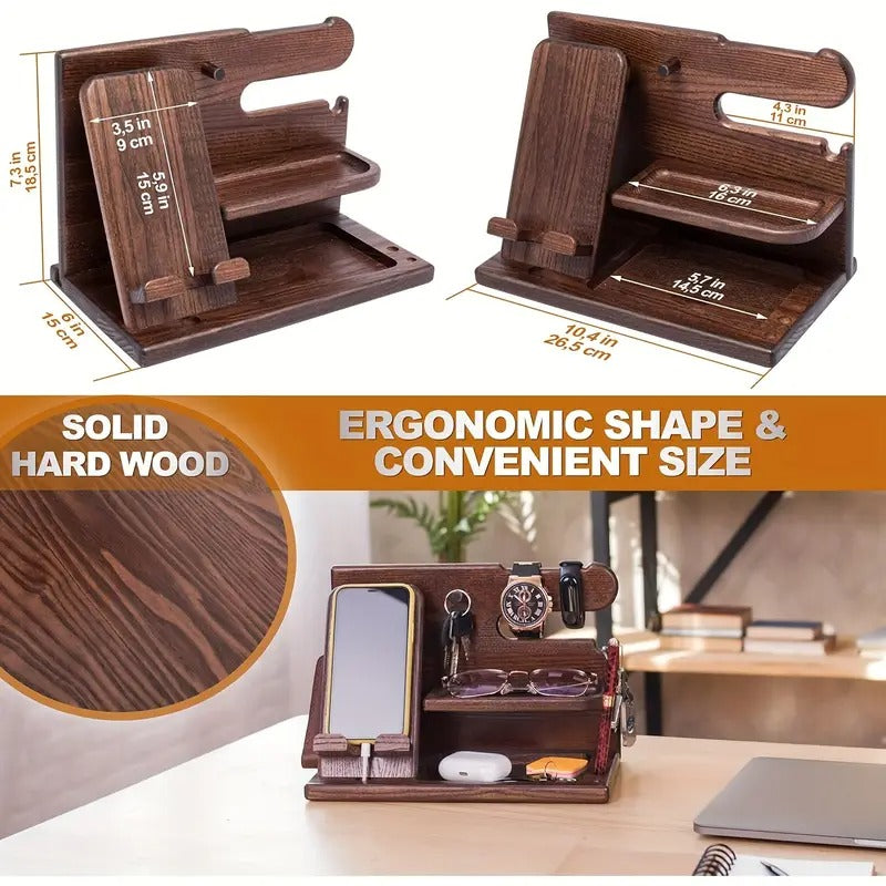 Wooden desk organizer and phone docking station in walnut finish holding watch keys and wallet — view 4