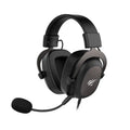 Black and ochre wired gaming headset with detachable condenser microphone and padded over-ear cups